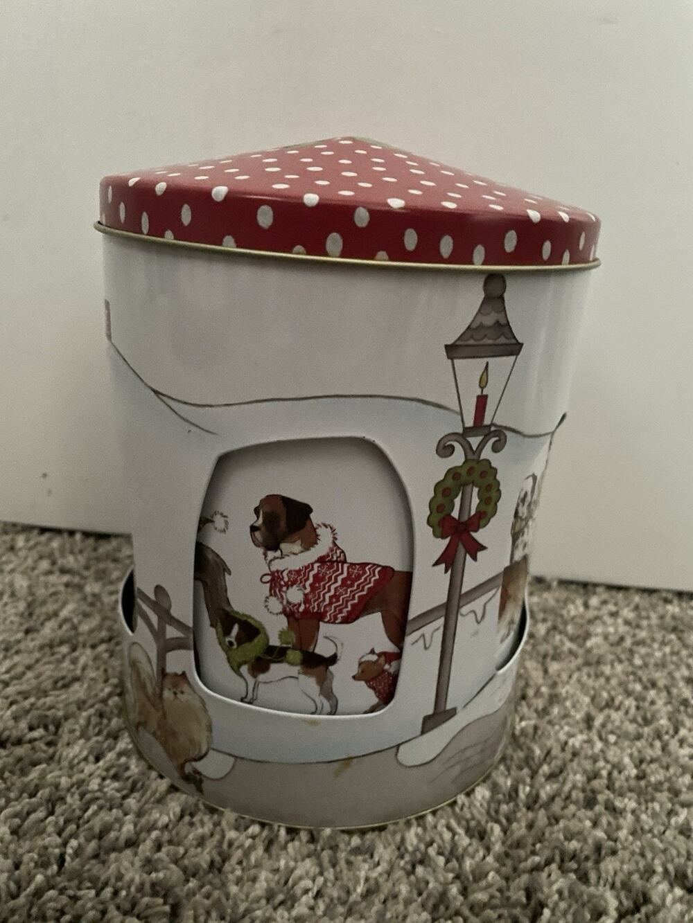 Pier 1 Christmas Dogs Tin Musical Rotating Jingle Bells Canister Holiday Decor